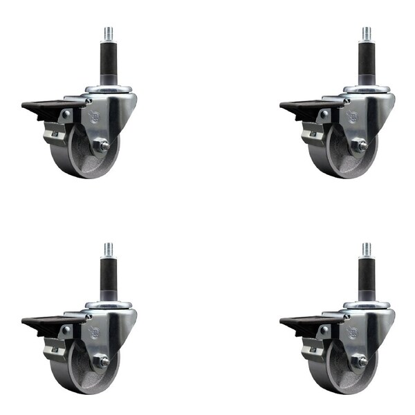 3'' Semi Steel Swivel 1'' Expanding Stem Caster Set with Brake, 4PK